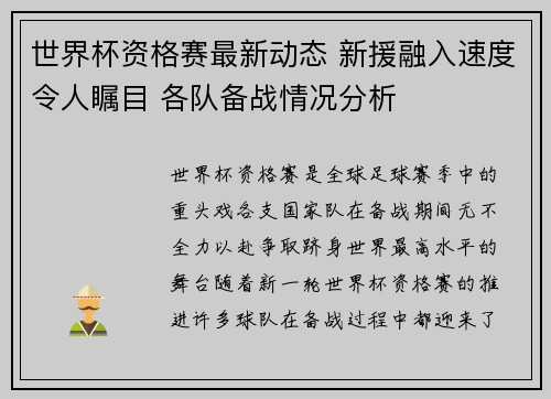 世界杯资格赛最新动态 新援融入速度令人瞩目 各队备战情况分析